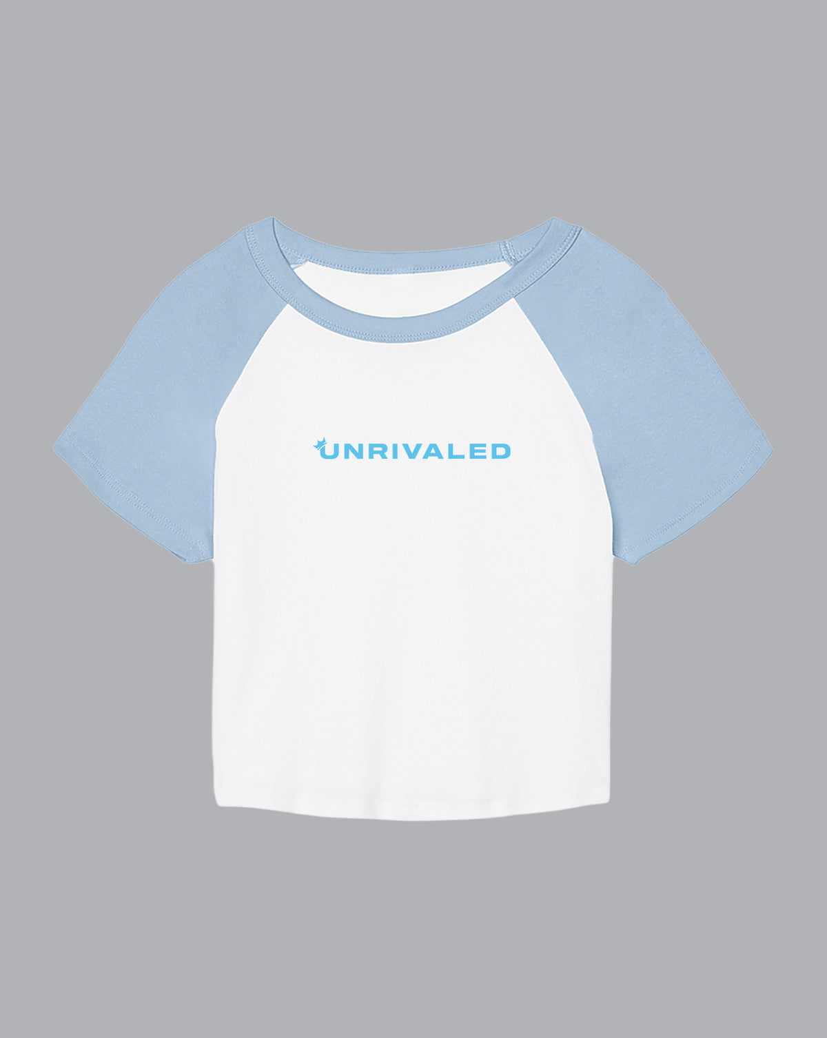 White and blue baseball shirt with 'Unrivaled' text on a gray background